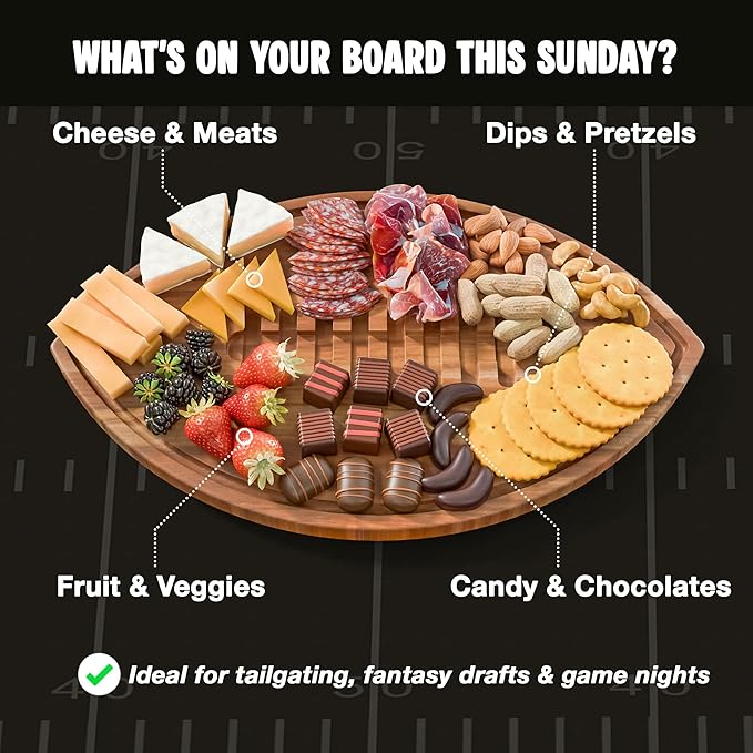 Football Shaped Cutting Board – Acacia Wood Charcuterie Tray – Wooden Football Serving Platter for Super Bowl Parties, Tailgate Hosting & Gifts