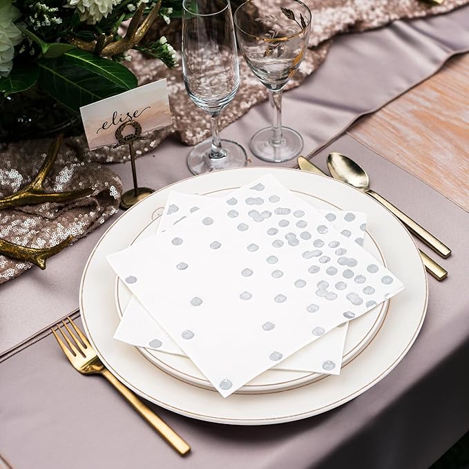 80 Pack of White Paper Cocktail Napkins with Gold Foil Polka Dot Confetti，Polka Dot Party Supplies(5 x 5 in，3-ply) (Silver)