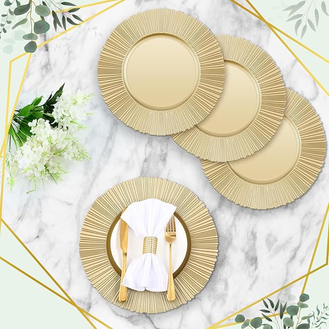 Yaomiao 50 Pcs 13 Inch Gold Charger Plates Bulk Plastic Plates Chargers Round Dinner Chargers for Wedding Party Table Setting Bridal Shower Event Decor (Light Gold)