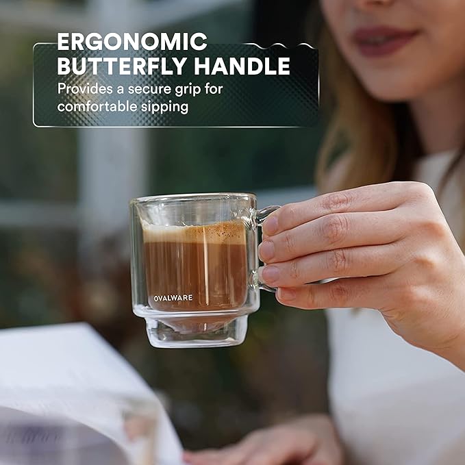ovalware RJ3 Espresso Coffee Glass Cups 4oz/120ml (Set of 4) Double Walled w/Solid Butterfly Handle - Elegant Borosilicate Espresso Shot Mug - Stackable Insulated Transparent Demitasse Glass