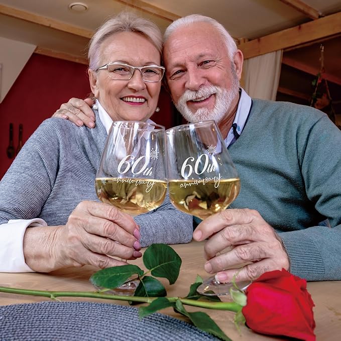 AW BRIDAL 60th Anniversary Wedding Gift for Couple 60 Years Anniversary Wine Glasses with Engraved Box Anniversary 60th Gifts for Parents