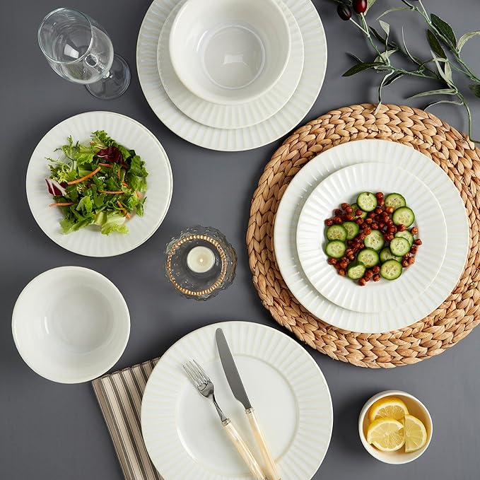 Tabletops Gallery Richmond 12-Piece Reactive Glaze Stoneware Dinnerware Set of Kitchen Dishes, Dinner Plates, Cereal Bowls, Service for 4, White