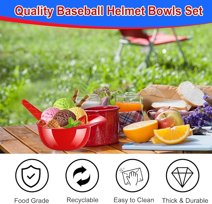 MEEZY 16 Set Baseball Helmet Ice Cream Bowls with 8 Mini Dessert Cups and 8 Spoons, 8oz Reusable Baseball Cap Snack Dessert Cup Bowls Baseball Party Favors for Sports Birthday Party Supplies