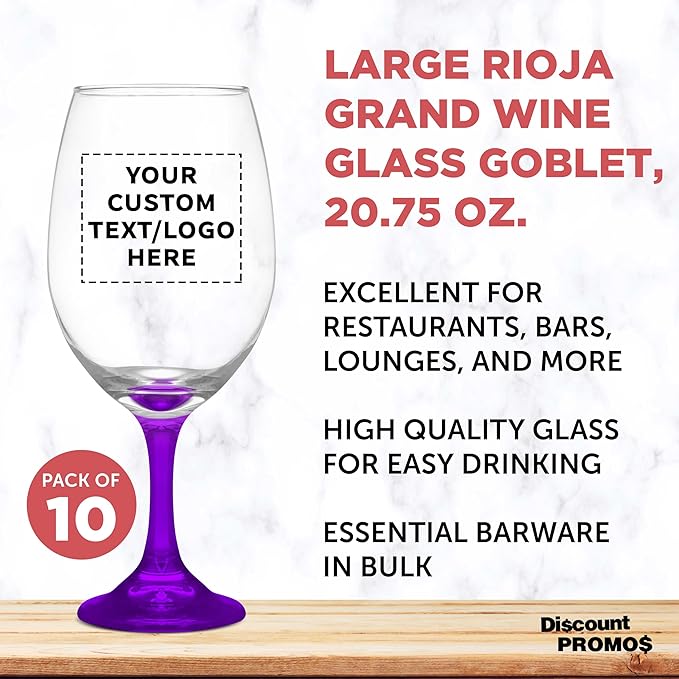 Custom Rioja Grand Wine Glasses 20.75 oz. Set of 10, Personalized Bulk Pack - Perfect for Hotel, Bar, Restaurant or Lounge - Purple