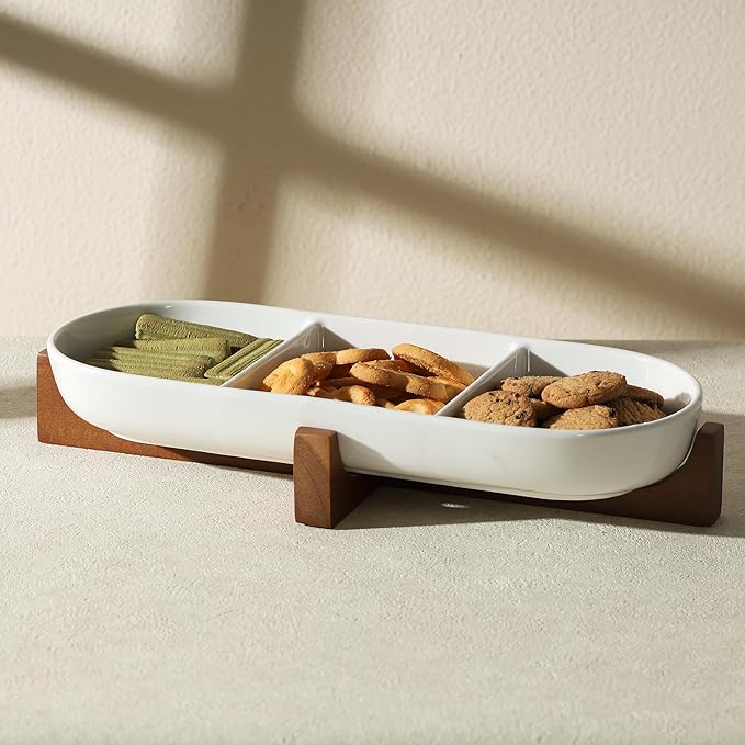 Divided Ceramic Serving Plate with Acacia Wood Base, Appetizers Platter for Home Decor(3-Compartment Plate), 14inch Divided Plate for Snack, Dessert, Fruit, Chip and Dip Serving Set