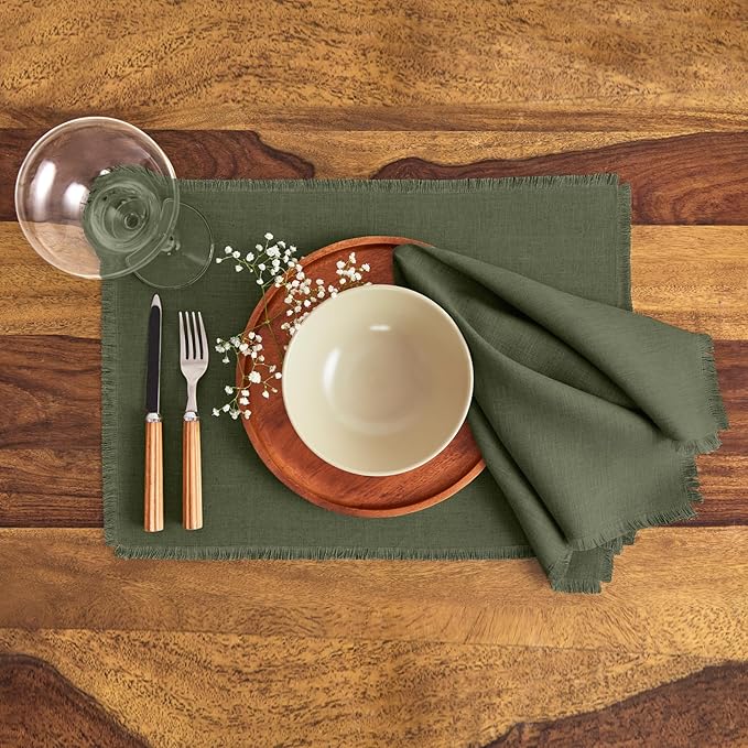 Solino Home Linen Fringe Cloth Placemats Set of 4-100% Pure Linen Desert Green Placemats 14 x 19 Inch for Christmas, Winter, New Year