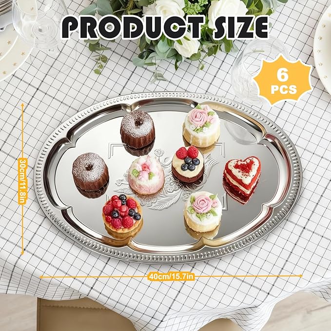 6 Pack Large Silver Serving Trays Set 15.7" x 11.8" Stainless Steel Floral Oval Tray Retro Vintage Platters for Birthday Wedding Party Tableware for Snack Whiskey Cookie Dessert Food Display