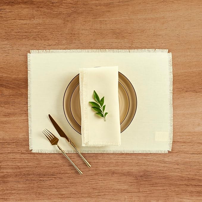 Solino Home Fringe Linen Napkins Set of 4-100% Pure Linen Creamy Ivory Dinner Napkins 20 x 20 Inch for Christmas, Holiday, New Year - Handcrafted and Machine Washable
