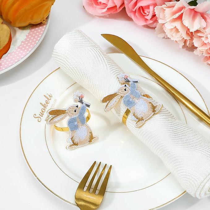 Lewondr Easter Bunny Napkin Rings, Napkin Rings Set of 6, Easter Table Decoration, Designed with Rabbit Elements for Festival, Birthday, Wedding Party, Banquet, Serviette for Spring, Thanksgiving Day