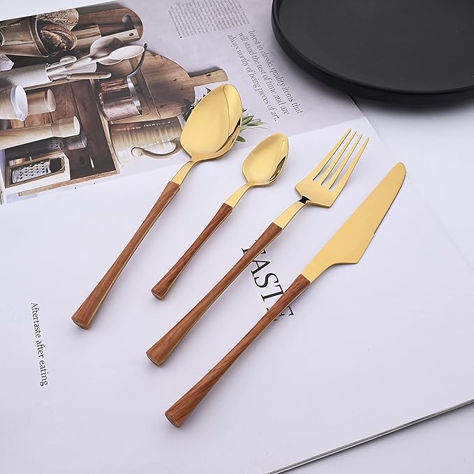 24PCS Faux Wooden Handle Flatware Set For 6 Family Stainless Steel Silverware Set Include Knifes Forks Spoons and Teaspoons Gold Tableware Cutlery Set Eating Utensils for Home Kitchen Restaurant