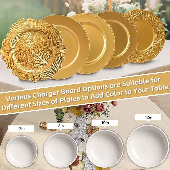 PROY 150 Pcs Charger Plates Set Bulk, 50 Pcs 13'' Gold Reef Charger Plates 50 Napkin Ring 50 Cloth Napkins Plastic Gold Chargers Set For Dinner Wedding Party Decoration