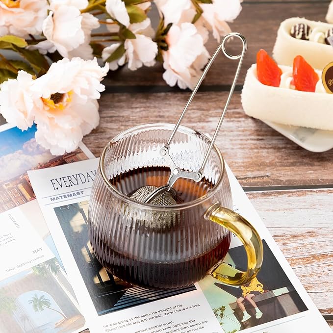 Yinder 108 Pcs Stainless Steel Tea Infuser with Handle Snap Ball Tea Strainer Metal Tea Ball Infusers for Loose Tea Fine Mesh Ball Tea Filter Tea Pincer Reusable Tea Steeper with Tong for Tea Bag