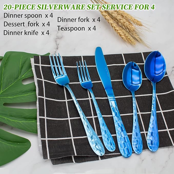Hammered 20-Piece Silverware Set for 4, 18/10 Stainless Steel Flatware Silverware Set, Unique Design Knife Fork Spoon Set for Home Kitchen Restaurant Wedding, Smooth Edge, Dishwasher Safe (Blue)