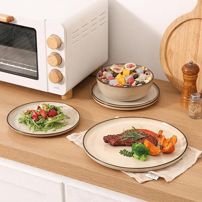 Dinner Plates Set of 4: Ceramic 10.7 Inch Handmade Reactive Glaze Stoneware Plates for kitchen, Modern Dinnerware Plates, Microwave & Dishwasher Safe, Scratch Resistant (Beige)