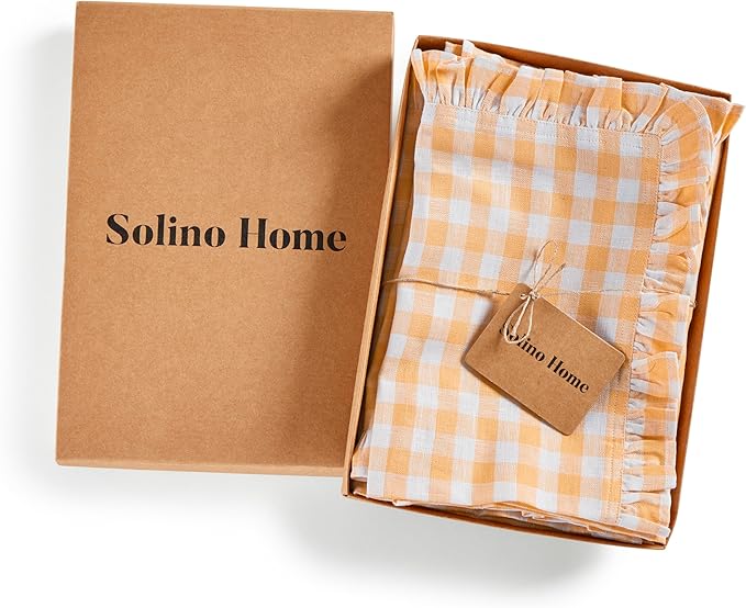 Solino Home Linen Gingham Check Dinner Napkins 20 x 20 Inch - 100% Pure Linen Sunny Orange Plaid Cloth Napkins Set of 4 - Gingham Ruffle, Handcrafted and Machine Washable