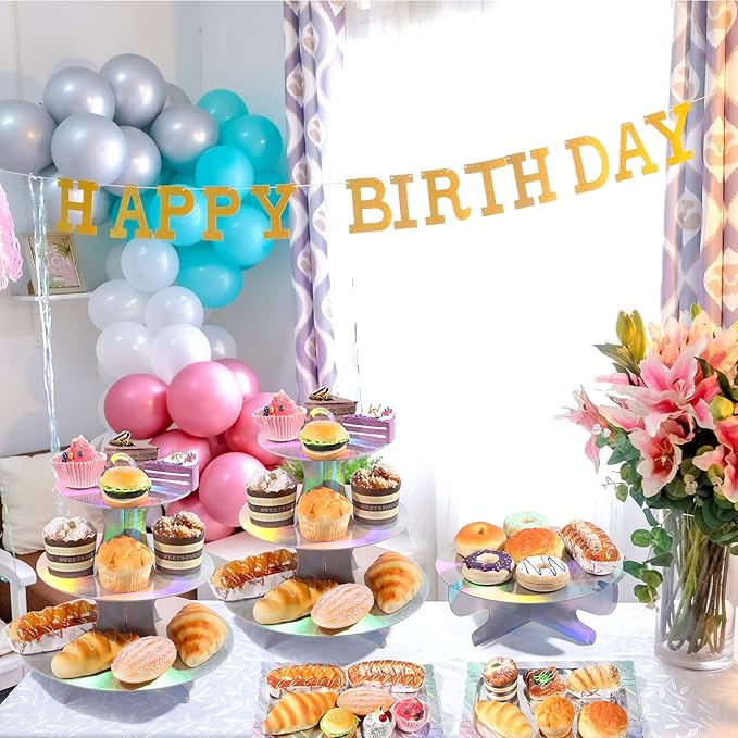 Zopeal 7 Pcs Dessert Table Display Set 3-Tier Cupcake Stand 1-Tier Cup Cake Display Tower Platters and Serving Trays Cardboard Cake Cookie Holders for Wedding Birthday Party Baby Shower(Laser Silver)
