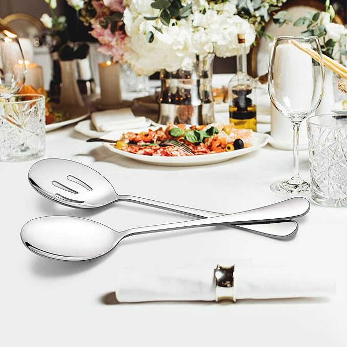 LIANYU 8 Pack Large Slotted Stainless Steel Serving Utensils - 9.8 Inch Spoon Set for Banquet Catering Buffet Dinner Restaurant Party