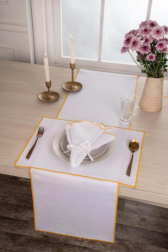 D'Moksha Homes White Linen Placemats with Yellow Embroidered Trim, Set of 4-14 x 19 Inch, 100% Pure Linen Cloth Placemats White & Yellow for Dining, Christmas, Holiday, New Year - Machine Washable