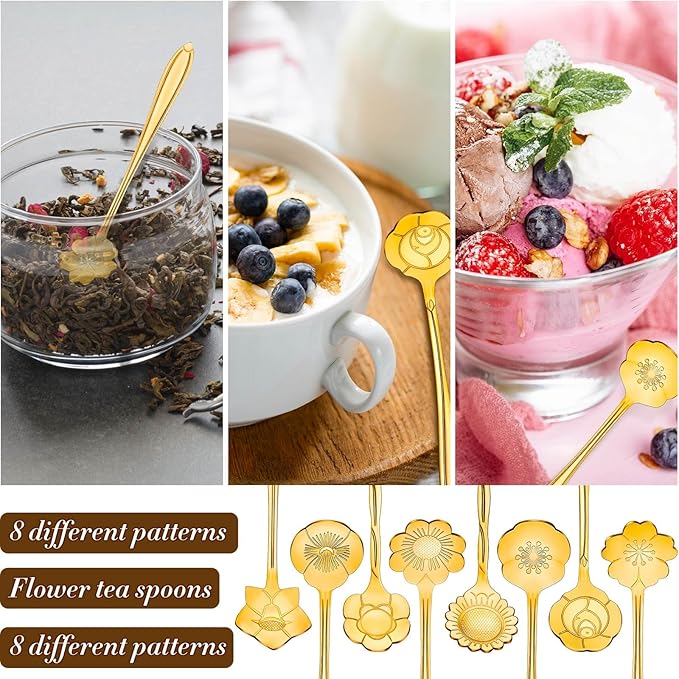 Eboot 24 Pcs Gold Flower Teaspoon Stainless Steel Tea Party Spoons Mini Cute Teaspoon Stirring Coffee Sugar Drink Demitasse Espresso Spoons for Bridal Baby Shower Wedding Party Favors Decorations