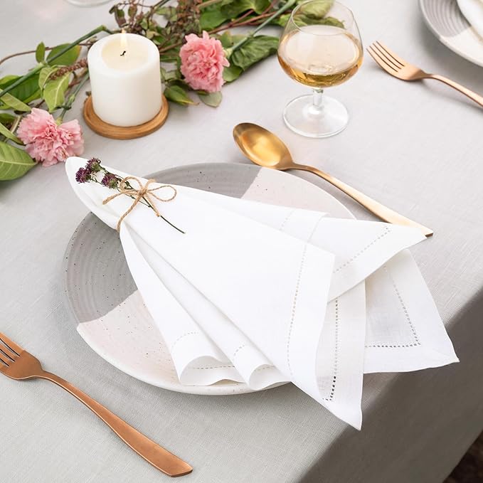 D'Moksha Homes White Linen Napkins Set of 8 - Classic Hemstitch 100% Pure Linen Hemstitch Dinner Napkins 20 x 20 Inch for Winter, Christmas, Holiday, New Year - Handcrafted and Machine Washable