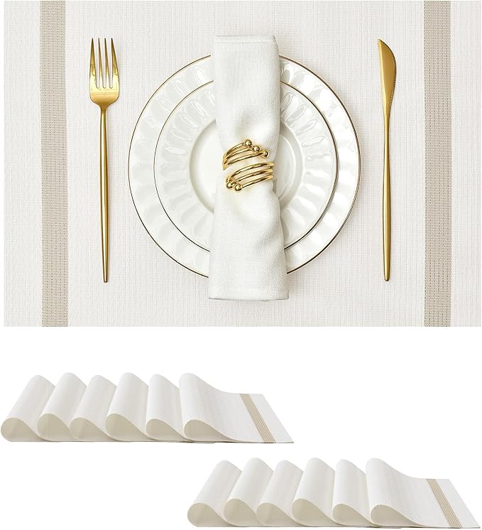Leetaltree Luxury White Placemats with Gold Stripes Placemats Set of 12 - Waterproof Washable for Wedding, Anniversary, Daily Use - Sparkling Table Decor - Hand-Cut