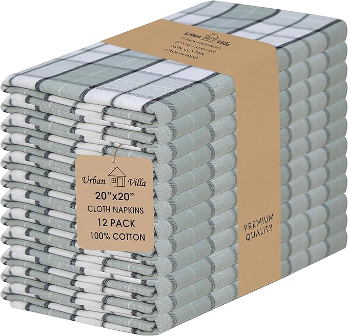 Urban Villa Cloth Napkins 100% Cotton Dinner Napkins Highly Absorbent 20x20 Inches (Set of 12) Majestic Checks Reusable Washable Soft Durable Premium Napkins Ideal for Home Wedding Parties