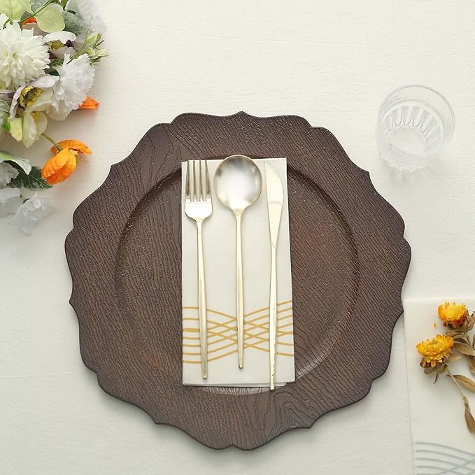 Efavormart 6 Pack | 13" Rustic Brown Wooden Textured Acrylic Charger Plates With Scalloped Rim