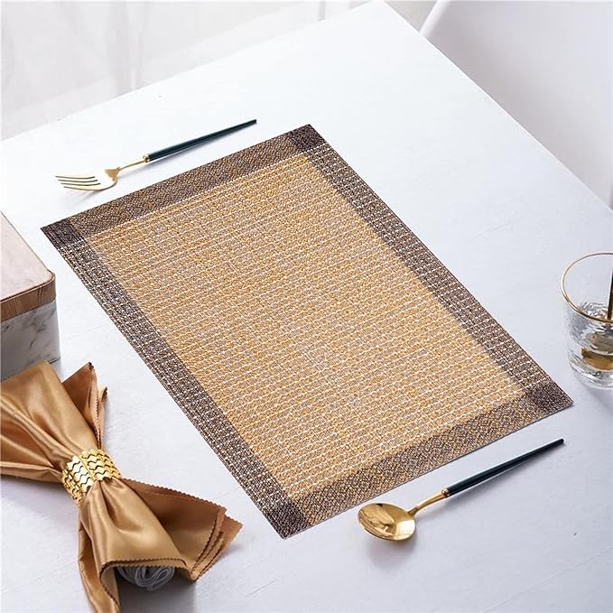 Placemats,PlasticVinyl Washable Heat-Resistant Durable PVC Non-Slip Woven for Kitchen Dining Table Mats (Set of 4, Coffee Gold Silver)