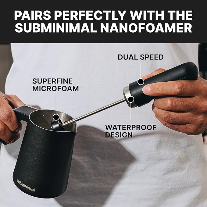 Subminimal FlowTip Milk Jug - Stovetop Milk Frothing, Foaming Pitcher for Barista-Style Coffee - Cappuccino & Latte Art Pouring Jug with Heat Resistant Handle - 450ml, Black
