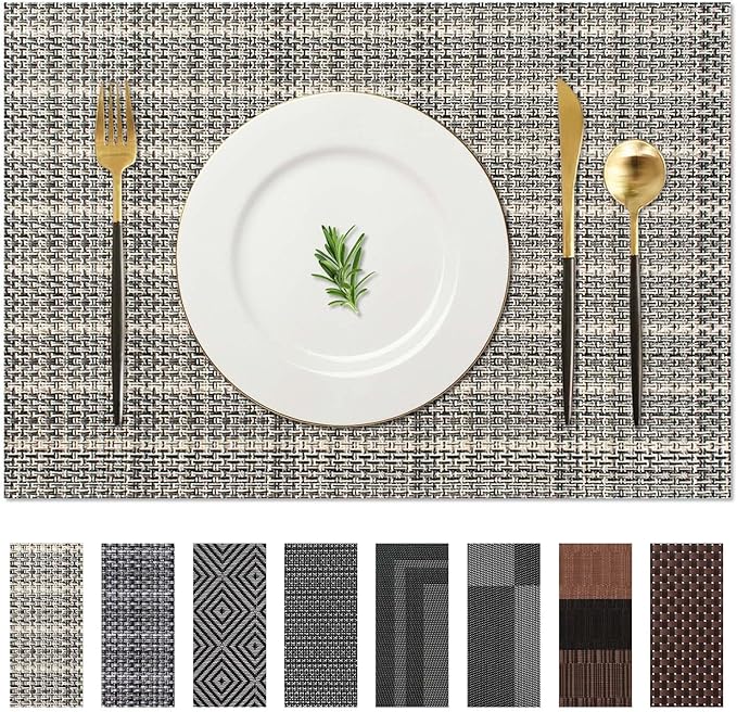 AHHFSMEI Placemats for Dining Table Set of 4 Woven Vinyl Plastic Place Mats Non-Slip Heat Insulation Stain Resistant Table Mats Washable Easy Clean Placemats (Linen gey 4)