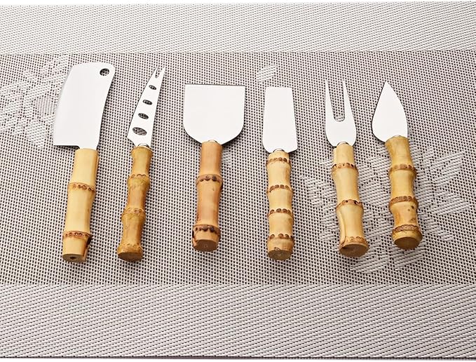 Gugrida Flatware Silverware Serving Set Silver Stainless Steel Hostess Serving Utensil Set with Bamboo Handle Dishwasher Safe, 6pieces Cheese Knife Set