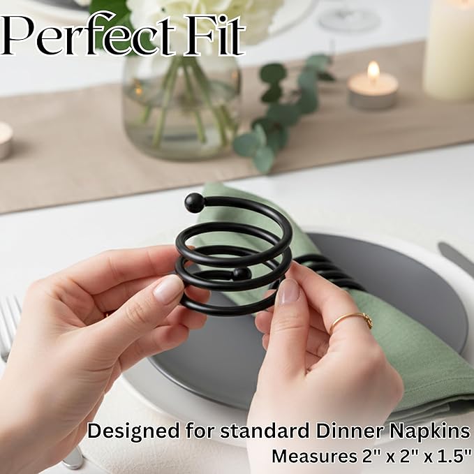 ALPHA Living HOME Metal Spiral Napkin Rings Set of 12 - Black Powder Coated Round Spiral Shape, Napkin Holders Buckles for Family Dinner, Wedding, Party,Table Decorations (Black)