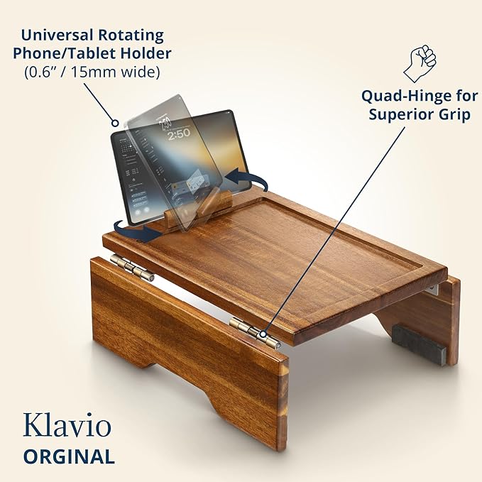 Couch Arm Table Tray with Phone & Tablet Holder – Acacia | Premium Clip-On Sofa Arm Tray for Snacks, Drinks, Remotes, and More – Perfect Sofa Side Table for Living Room Comfort