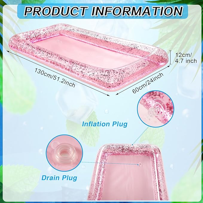 Leitee Inflatable Serving Bar with Drain Plug 52 x 24 x 5'' Inflatable Ice Serving Buffet Bar for Party Food Cooler Buffet Drink(Pink,Sequin Style)