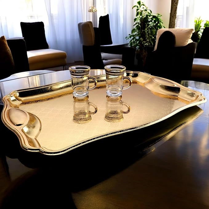 19.5 inch x 13.8 inch Oblong Iron Gold Plated Mirror Serving Tray with Handles Floral Engraved Decorative Party Birthday Dessert Wine Decor Platter Plate Base Dish FST-081