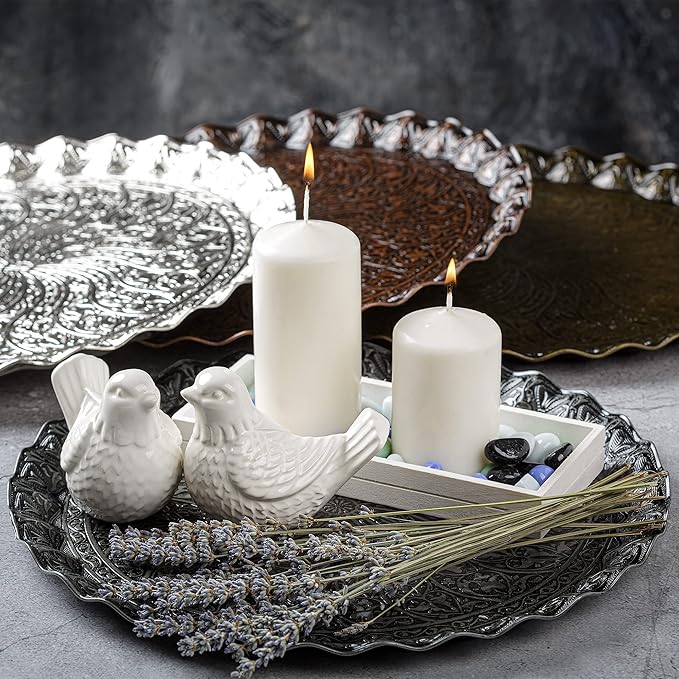 Coffee Tea Beverage Serving Tray, Vintage and Fancy Round Design (Antique Silver)