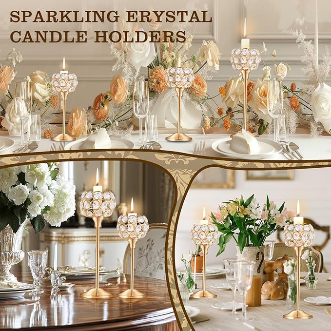 Crystal Metal Tealight Candlestick, Bling Bowl Candelabras, Tall Crystal Candle Holders Elegant Candle Centerpiece for Dining Table Wedding Home Mantel Decor(Golden, 4Sets(12 Pcs))