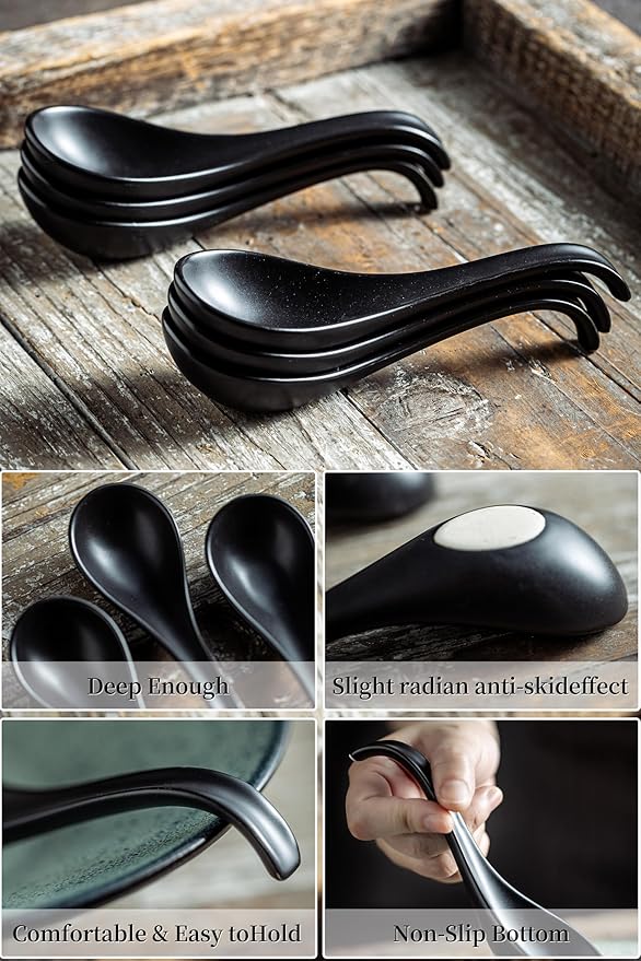 LYEOBOH Soup Spoons, Ceramic Soup Spoon Set of 6-6.5 inch Tablespoons, Dishwasher & Microwave Safe, Chinese Spoons with Deep Hook Design, Black