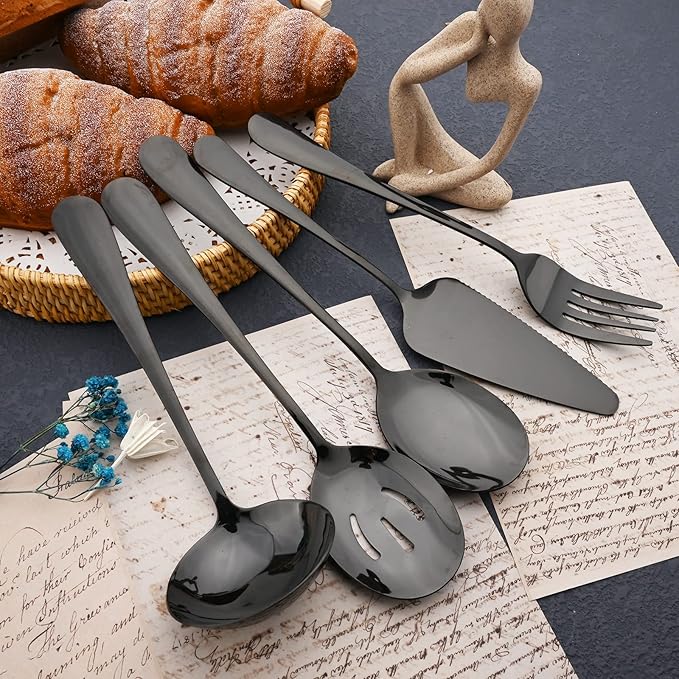 JASHII 25-Piece Fork Spoon Knife Silverware Set with Serving Utensils for 4, Food Grade Stainless Steel Flatware Cutlery Set for Home and Restaurant, Dishwasher Safe - Shiny Black