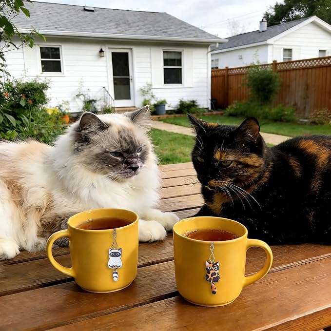 Cat Tea Infuser Set, 2PCS Cubic Loose Leaf Tea Steeper Reusable Stainless Steel Mesh Bags, Cute Tea Strainer with Moving-Tail Cat Charms (Ragdoll & Tortoiseshell)