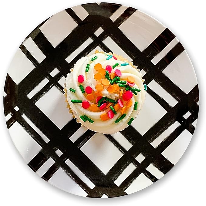Sprinkles & Confetti Melamine Plate Set 6" Appetizer Plates, Reusable Outdoor Dinnerware for Entertaining, Patio & Picnic | Modern Black Plaid Design, Durable & Stylish Dish Set (Set of 4)