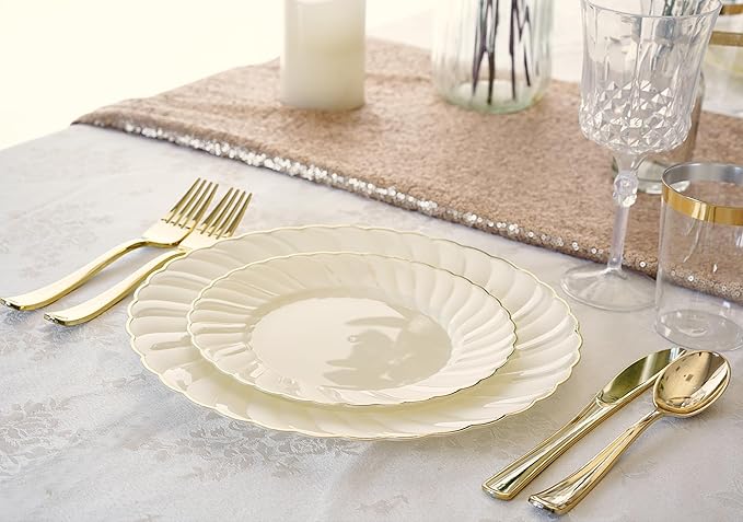 " OCCASIONS " 240 Plates Pack,(120 Guests) Vintage Wedding Party Disposable Plastic Plates Set -120 x 10.25'' Dinner + 120 x 7.5'' Salad/Dessert (Blossom Ivory/Gold)