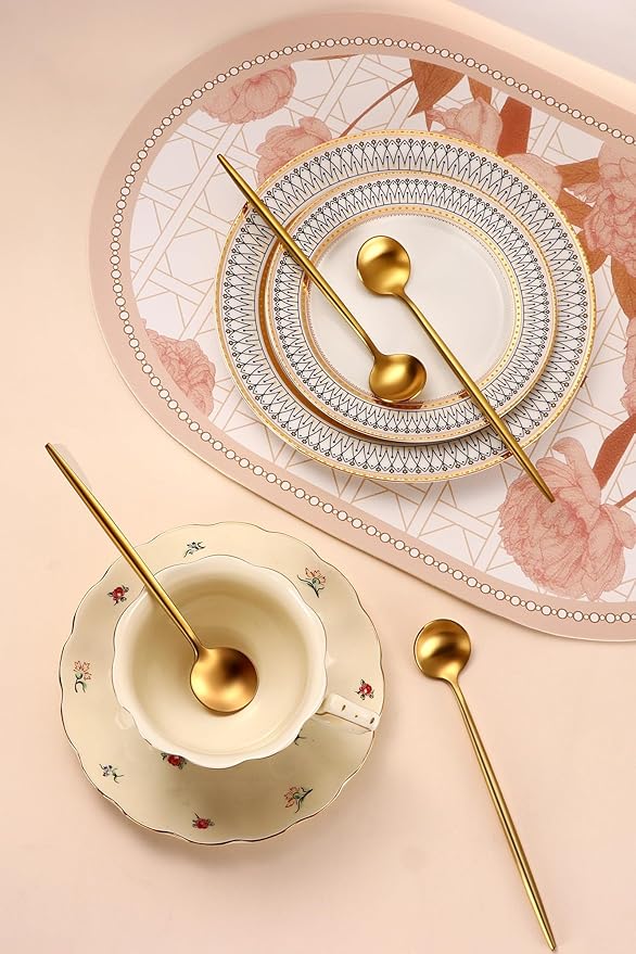 Satin Gold 6.7 Inches Coffee Spoon,4 Pieces Stainless Steel 18/10 Tea Spoons Set,Solid Round Handle Coffee Stirring Spoon,Durable Dishwasher Safe Long Handle Ice Cream Spoons,Teaspoon