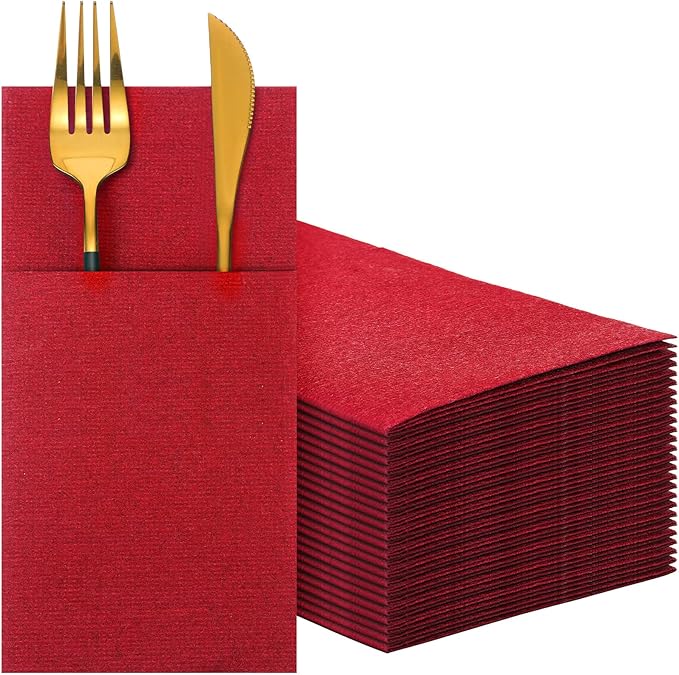 Cindeer 150 Pcs Red Linen Dinner Feel Napkins with Built in Flatware Pocket Prefolded Paper Disposable Airlaid Guest Hand Towel for Silverware Wedding Reception Christmas Baby Shower