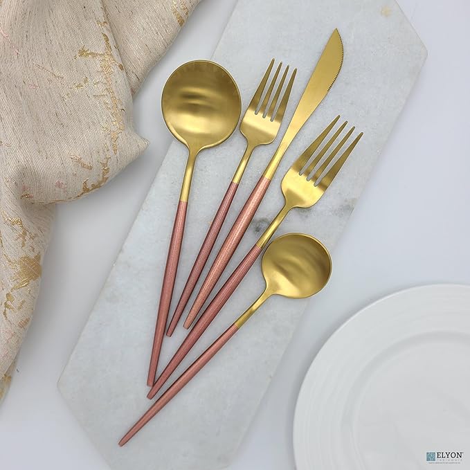 Elyon Lea 20-Piece Matte Gold/Rose Lea Flatware Set, Stainless Steel, Rose Thin Handles, Service For 4