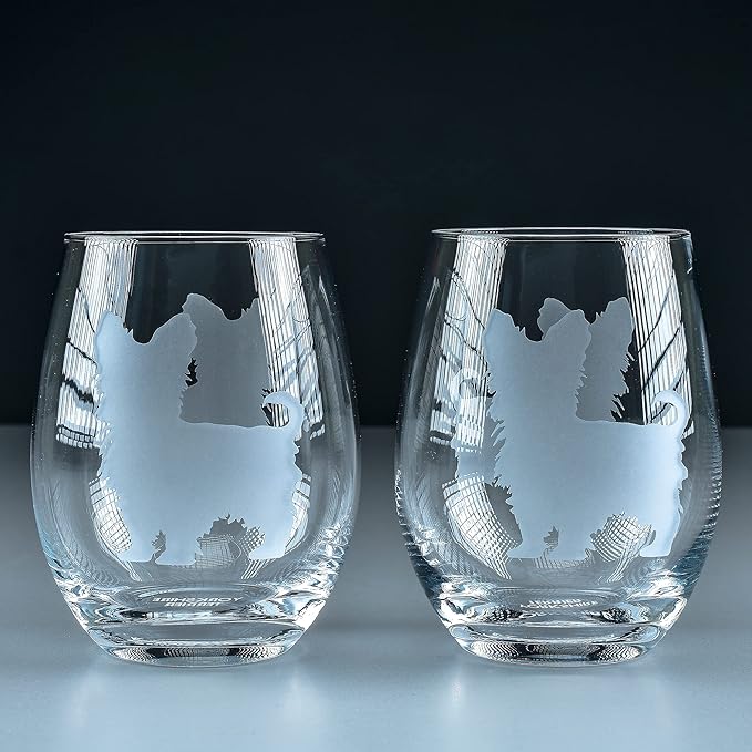 Yorkshire Terrier Stemless Wine Glasses (Set of 2) - Unique Gift for Dog Lovers - Hand Etched with Breed Name on Bottom