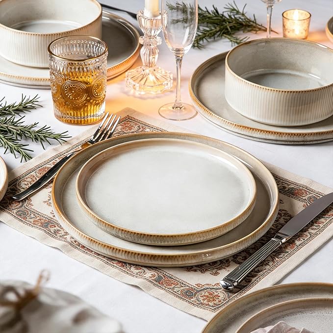 Stoneware Dinnerware Sets for 4, Stoneware Plates and Bowls Set, 12-Piece Ribbed Dishes – Chip & Scratch Resistant, Microwave and Dishwasher Safe Tableware, Warm White