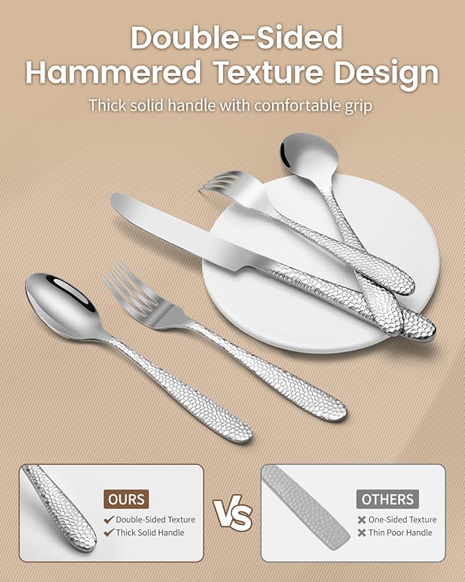 Hammered Silverware Set for 4, Heavy Duty 18/0 Flatware Set with Steak Knives, Aswwid 24 Pcs Stainless Steel Kitchen Cutlery Set Include Forks Spoons and Knives, Mirror Utensil Dishwasher Safe