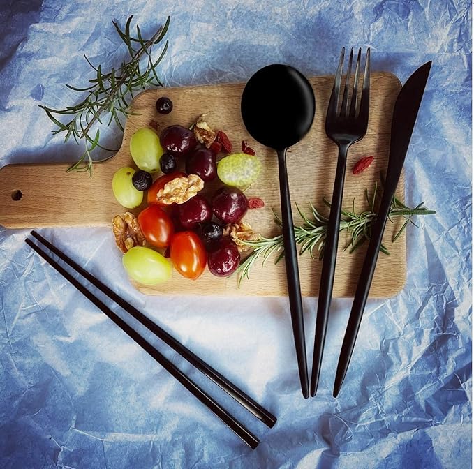 Matte Black KiiZYs Silverware Set - 16-Piece Kitchen Utensil With Korean Chopsticks - Stainless Steel Flatware Cutlery - Spoons, Forks, Knife - Dishwasher Safe - New Home Wedding Gifts (Black, 4 Sets)