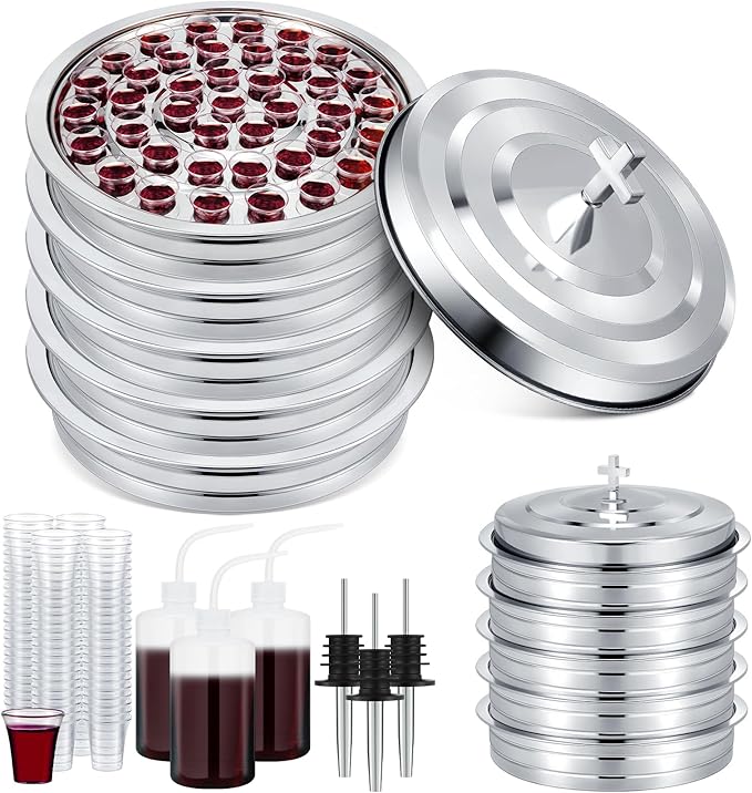Zhehao 5 Sets Holy Communion Trays for Churches with Lid, Including 300 Disposable Communion Cups, 3 Churches Cup Fillers, 3 Spouts (Silver)